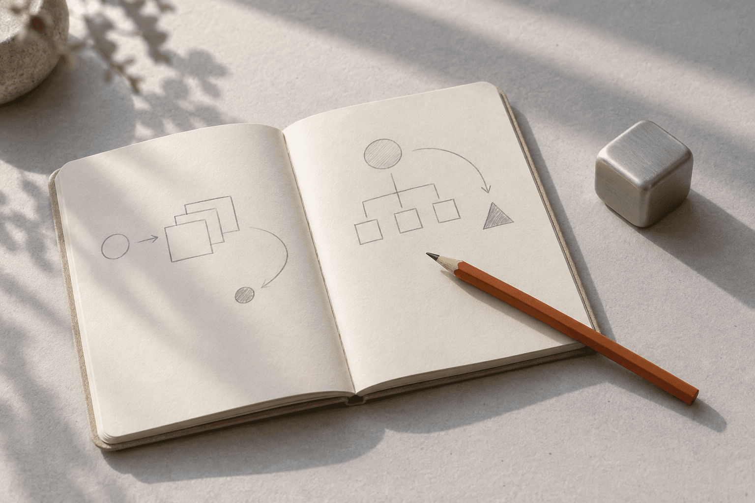 Illustration of an open notebook and an orange pencil